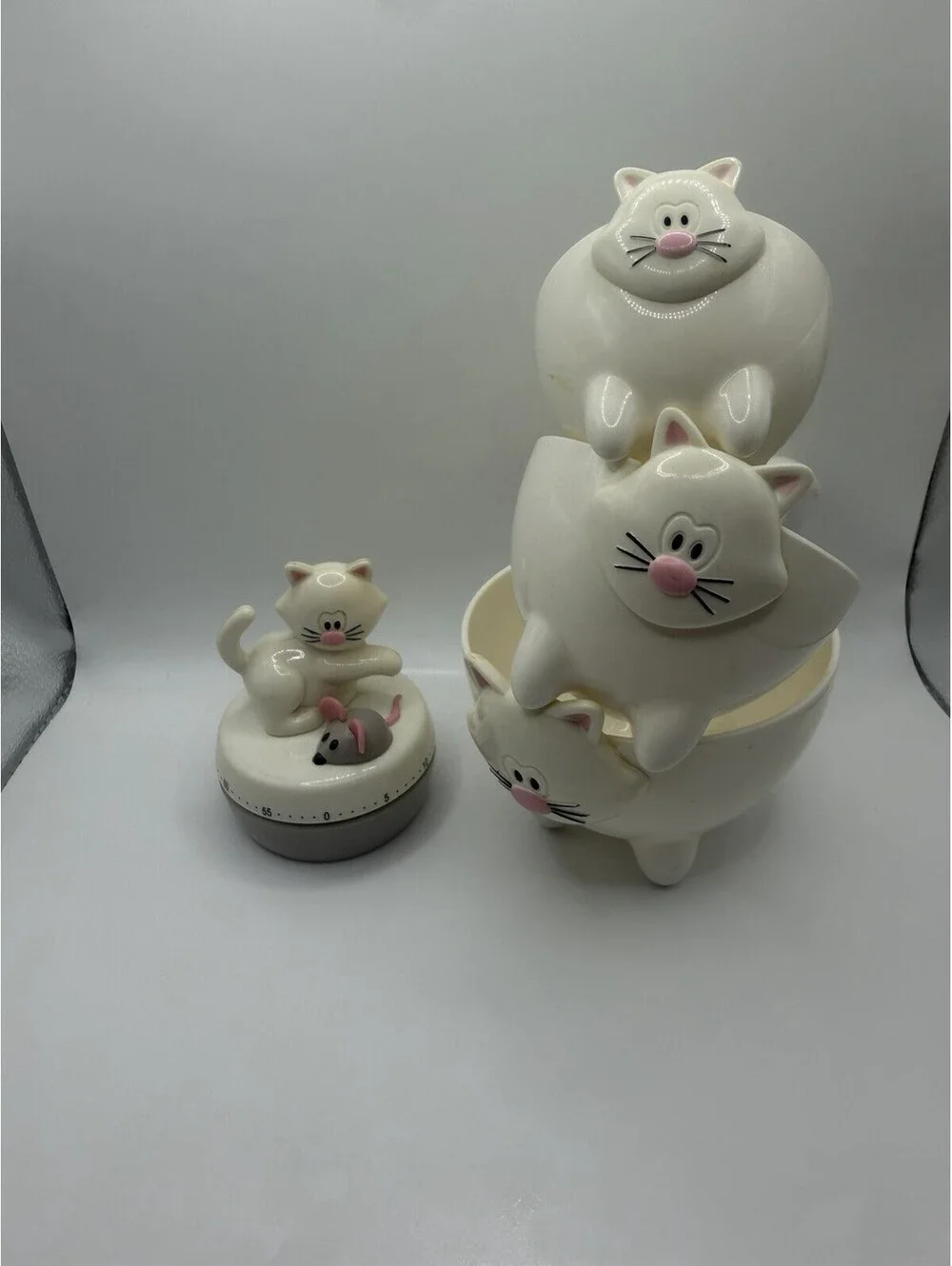 Joie Meow 3 White Kitty Cat Stackable Measuring Cups And Timer1/4 1/2 &1 Cup Set